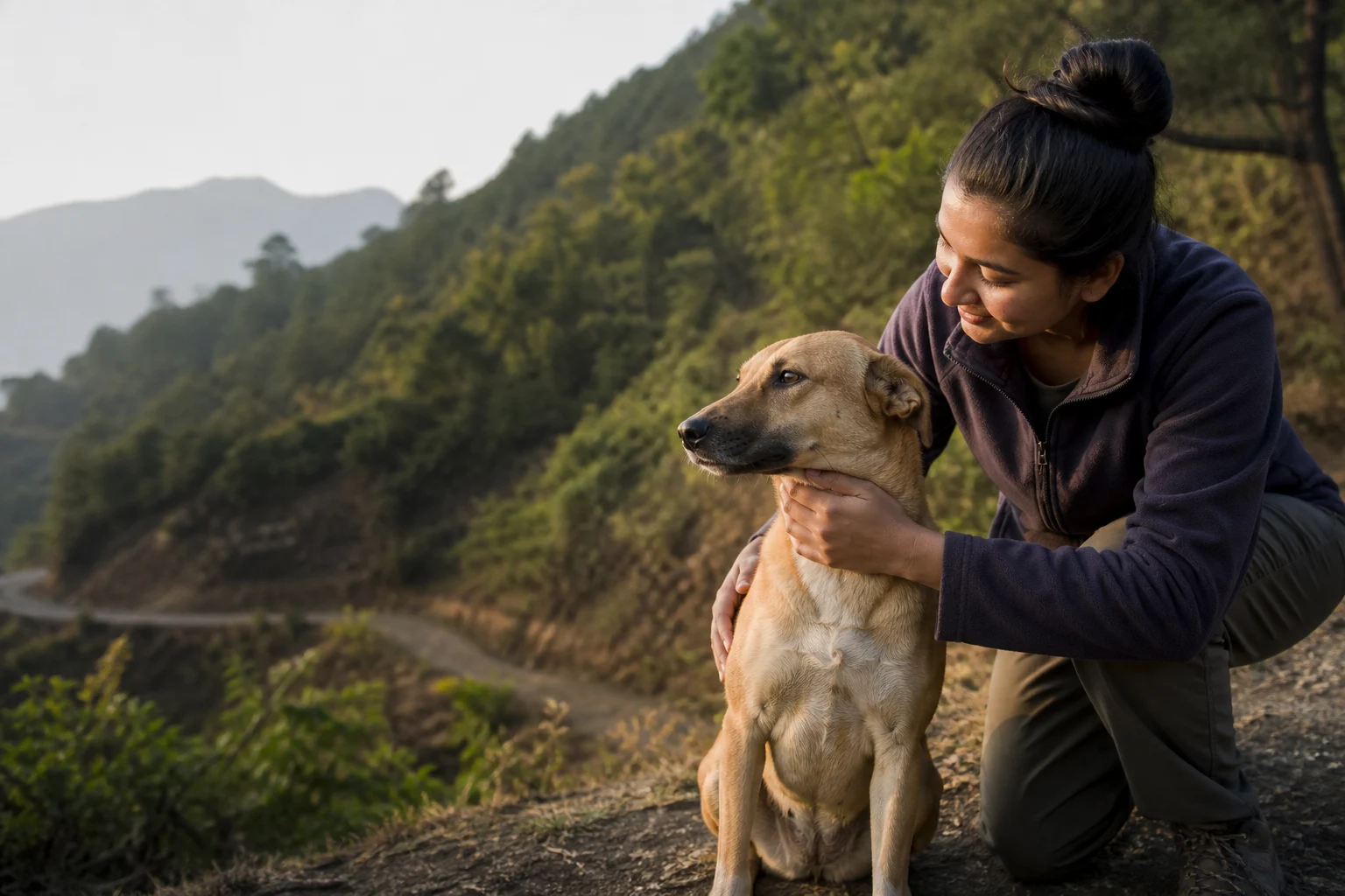 A LAHIT volunteer caring for a rescued dog in Uttarakhand